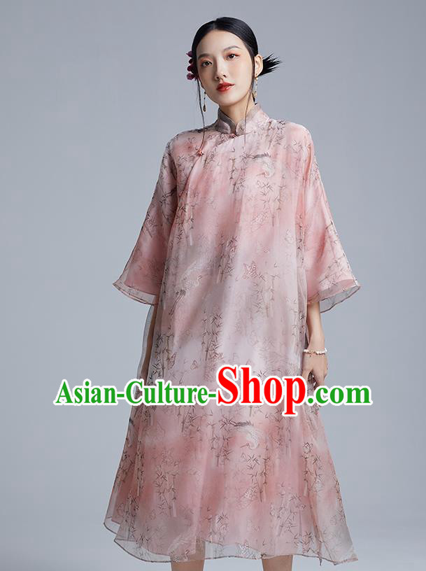 China Classical Printing Pink Organdy Cheongsam Costume Traditional Young Lady Loose Qipao Dress