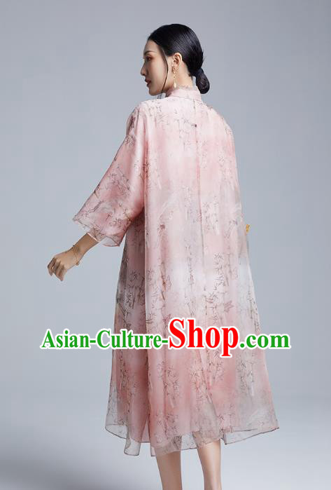 China Classical Printing Pink Organdy Cheongsam Costume Traditional Young Lady Loose Qipao Dress