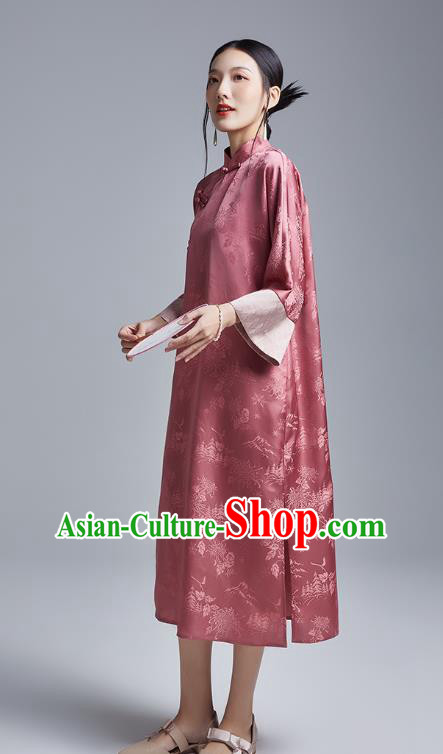 China Classical Deep Pink Silk Cheongsam Costume Traditional Young Lady Loose Brocade Qipao Dress