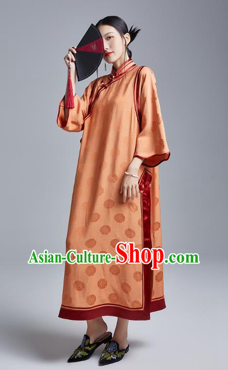China Classical Wide Sleeve Cheongsam Costume Traditional Young Lady Orange Silk Loose Qipao Dress