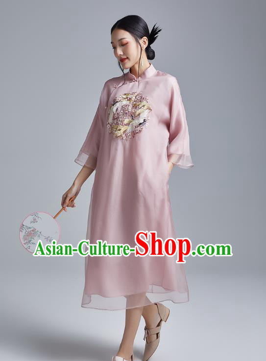 China Classical Pink Organdy Cheongsam Costume Traditional Young Lady Embroidered Cranes Qipao Dress