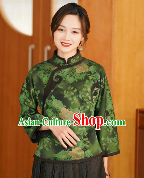 China National Shirt Traditional Printing Watered Gauze Upper Outer Garment Classical Green Silk Cheongsam Shirt