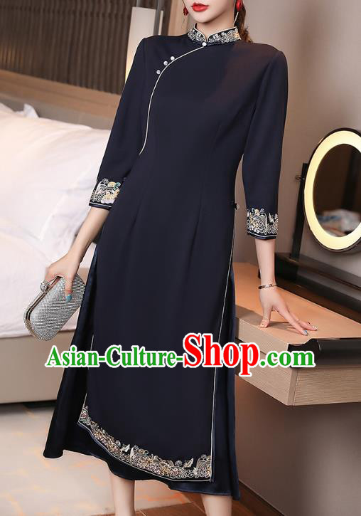 Chinese Traditional Tang Suit Cheongsam Costume National Embroidered Navy Blue Qipao Dress