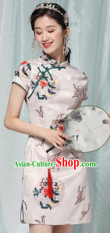 Chinese National Printing Peony White Brocade Qipao Dress Traditional Tang Suit Short Cheongsam Costume