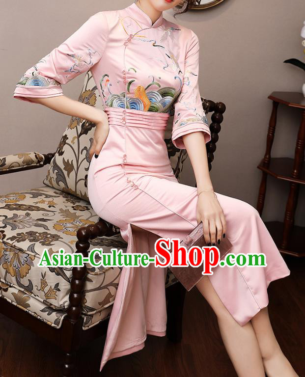 Chinese Modern Dance Pink Satin Qipao Dress Traditional Tang Suit Embroidered Cheongsam Costume