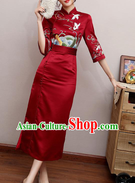 Chinese Traditional Tang Suit Embroidered Cheongsam Costume Modern Dance Dark Red Satin Qipao Dress