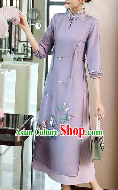 Chinese Zen Costume Traditional Tang Suit Embroidered Purple Organdy Cheongsam Stand Collar Qipao Dress