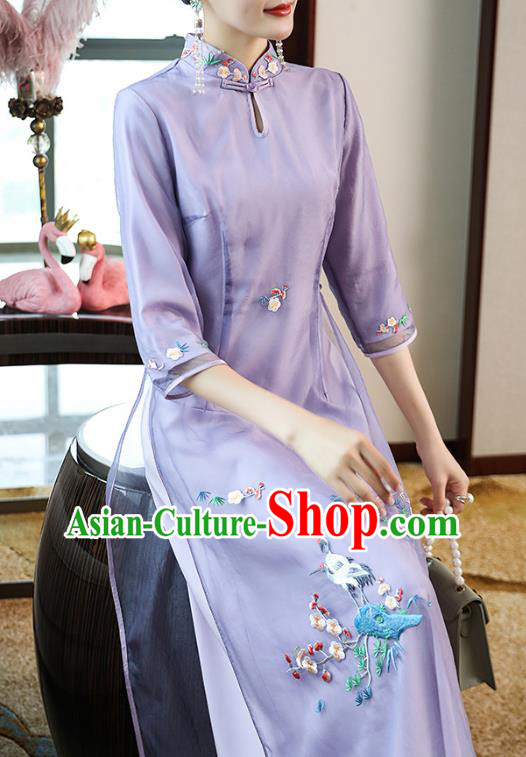 Chinese Zen Costume Traditional Tang Suit Embroidered Purple Organdy Cheongsam Stand Collar Qipao Dress