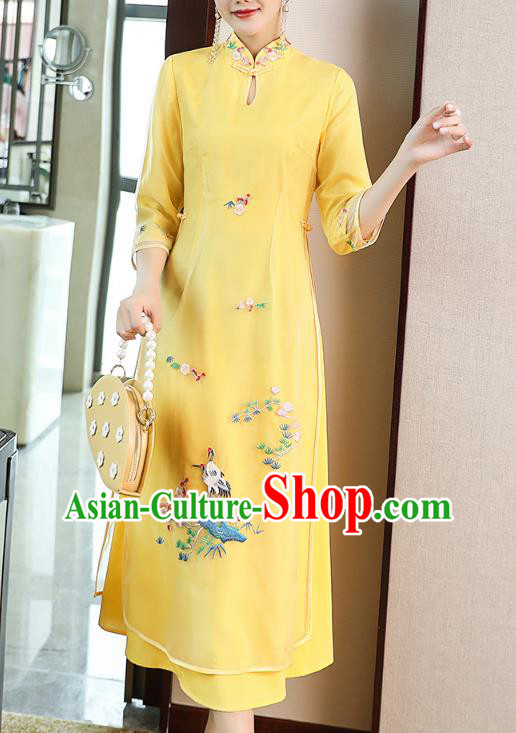 Chinese Stand Collar Qipao Dress Zen Costume Traditional Tang Suit Embroidered Yellow Organdy Cheongsam