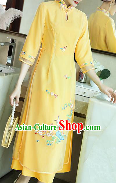 Chinese Stand Collar Qipao Dress Zen Costume Traditional Tang Suit Embroidered Yellow Organdy Cheongsam