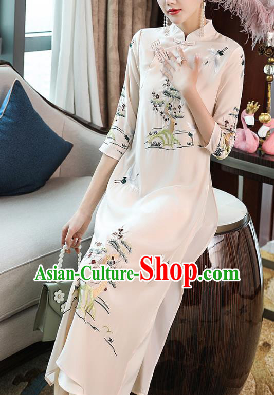 Chinese Traditional Tang Suit Embroidered White Cheongsam Stand Collar Qipao Dress Zen Costume