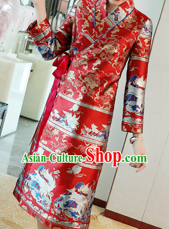 Chinese Tang Suit Red Brocade Cheongsam Costume Traditional Woman Qipao Dress