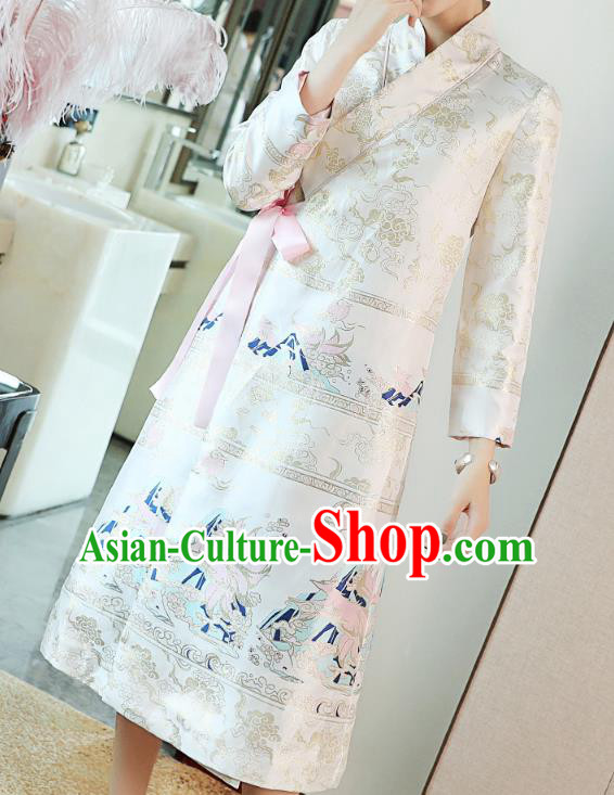 Chinese Traditional Woman Qipao Dress Tang Suit White Brocade Cheongsam Costume