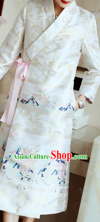 Chinese Traditional Woman Qipao Dress Tang Suit White Brocade Cheongsam Costume