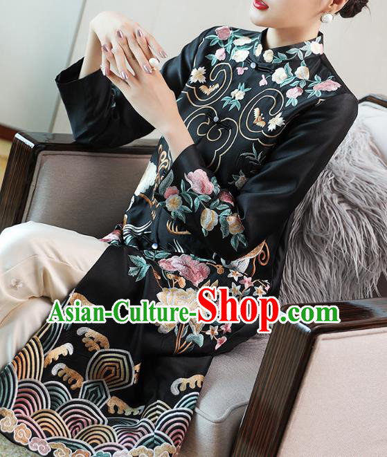 China Traditional Tang Suit Outer Garment National Embroidered Black Brocade Dust Coat