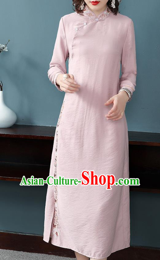 Chinese Traditional Woman Modern Qipao Dress Tang Suit Embroidered Pink Cheongsam Costume
