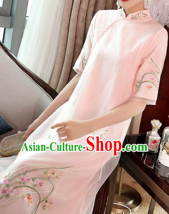 Chinese Embroidered Pink Organdy Cheongsam Costume Traditional Tang Suit Qipao Dress