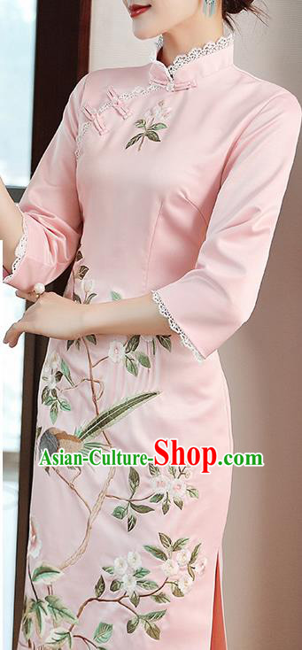 Chinese Embroidered Pink Satin Qipao Dress Traditional Tang Suit Cheongsam Costume