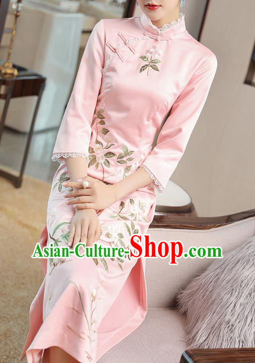 Chinese Embroidered Pink Satin Qipao Dress Traditional Tang Suit Cheongsam Costume