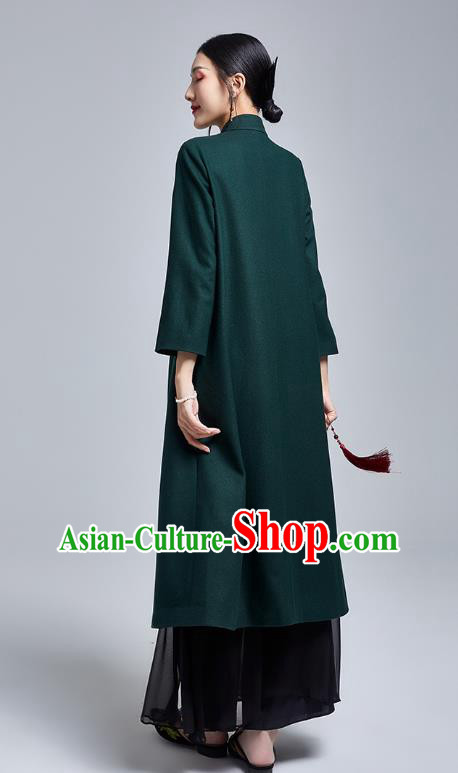China Classical Atrovirens Woolen Cheongsam Costume Traditional Young Lady Embroidered Qipao Dress