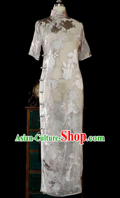 Chinese Traditional White Silk Qipao Dress Classical Tang Suit Cheongsam