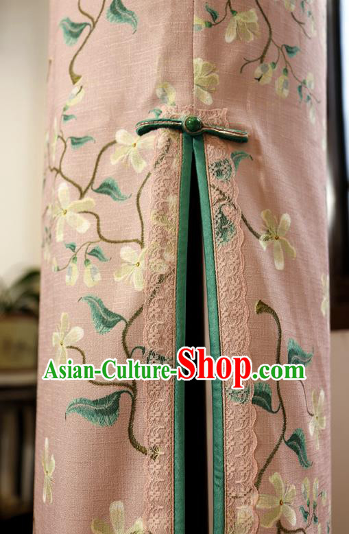 Chinese Traditional Minguo Printing Pink Qipao Dress Classical Tang Suit Slim Cheongsam
