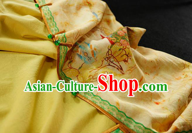 Chinese Classical Tang Suit Slim Cheongsam Traditional Minguo Printing Yellow Flax Qipao Dress