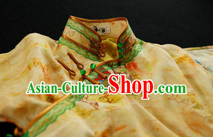 Chinese Classical Tang Suit Slim Cheongsam Traditional Minguo Printing Yellow Flax Qipao Dress