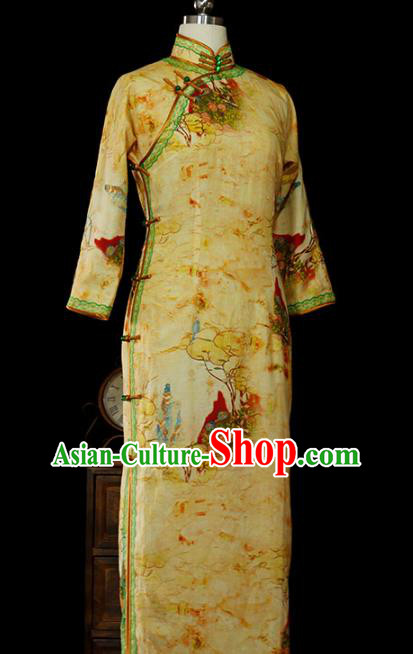 Chinese Classical Tang Suit Slim Cheongsam Traditional Minguo Printing Yellow Flax Qipao Dress
