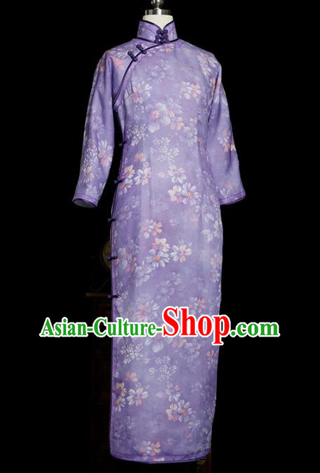 Republic of China Tang Suit Printing Violet Qipao Dress Traditional Minguo Classical Slim Cheongsam