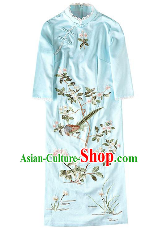 Chinese Traditional Tang Suit Cheongsam Costume Embroidered Blue Satin Qipao Dress