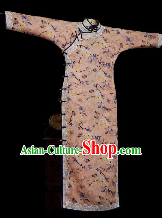Republic of China Tang Suit Printing Pink Qipao Dress Traditional Minguo Young Lady Lace Cheongsam