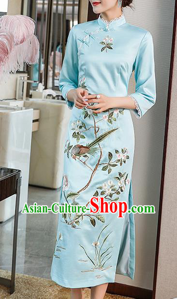 Chinese Traditional Tang Suit Cheongsam Costume Embroidered Blue Satin Qipao Dress