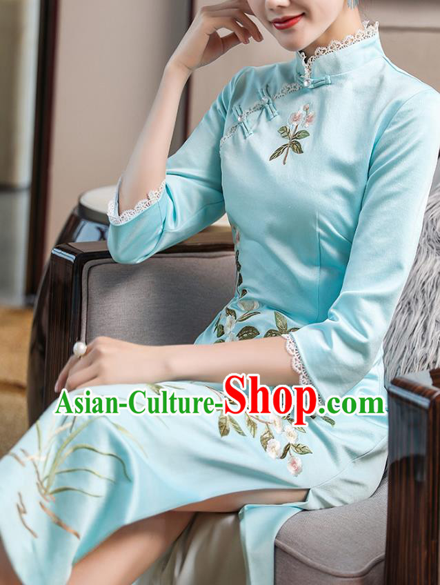 Chinese Traditional Tang Suit Cheongsam Costume Embroidered Blue Satin Qipao Dress