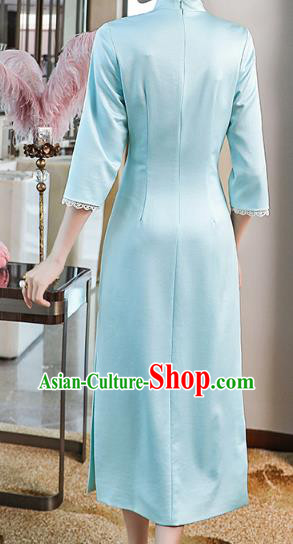 Chinese Traditional Tang Suit Cheongsam Costume Embroidered Blue Satin Qipao Dress