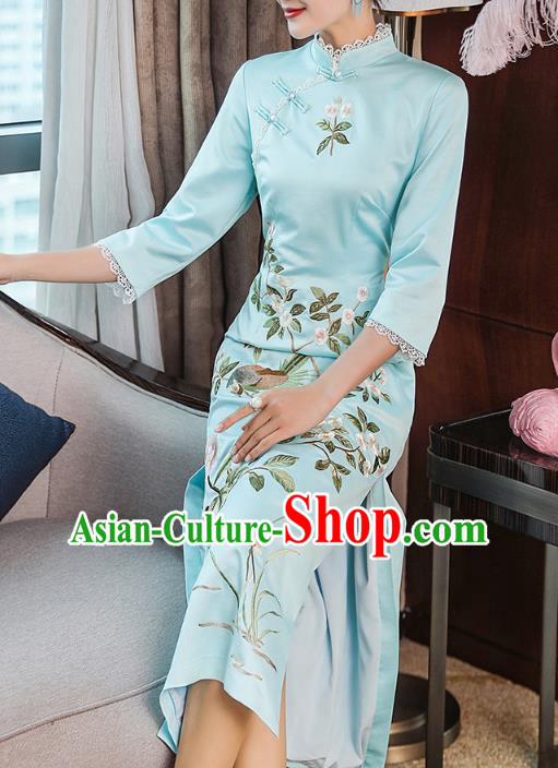 Chinese Traditional Tang Suit Cheongsam Costume Embroidered Blue Satin Qipao Dress