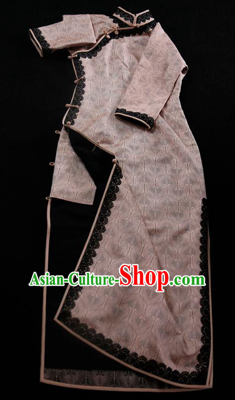 Republic of China Shanghai Woman Qipao Dress Traditional Minguo Classical Cranes Pattern Pink Cheongsam
