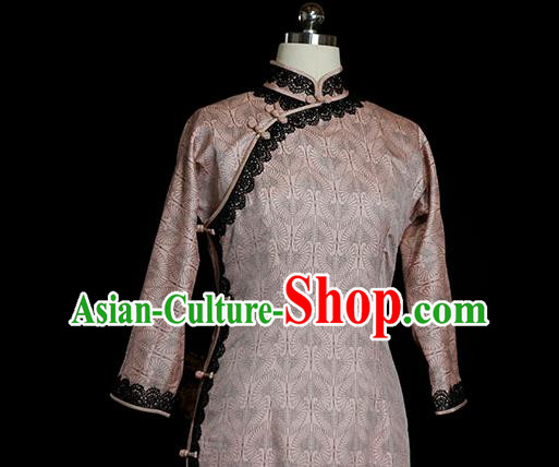 Republic of China Shanghai Woman Qipao Dress Traditional Minguo Classical Cranes Pattern Pink Cheongsam