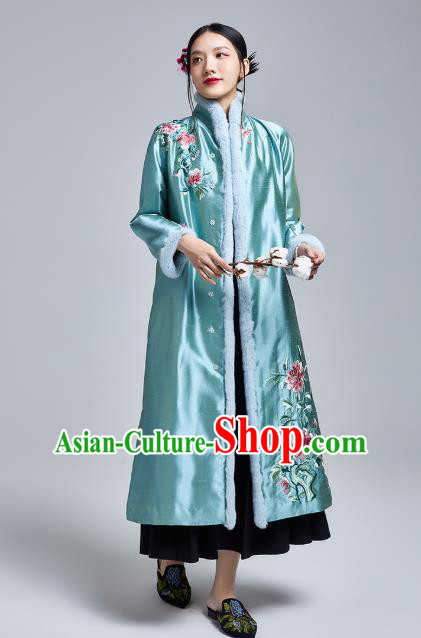 Chinese Traditional Tang Suit Cotton Wadded Coat National Embroidered Peony Blue Silk Dust Coat