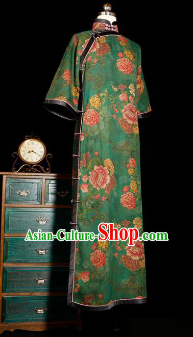 Republic of China Classical Printing Peony Cheongsam Traditional Minguo Shanghai Beauty Green Silk Qipao Dress