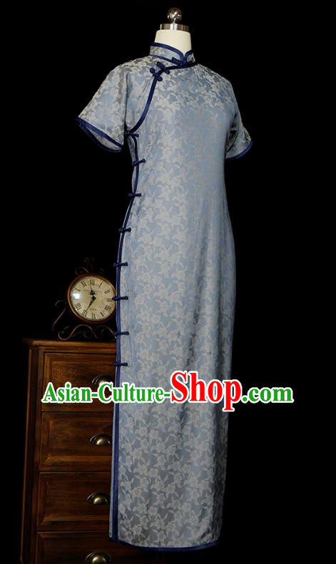 Republic of China Classical Blue Silk Cheongsam Traditional Minguo Young Lady Qipao Dress