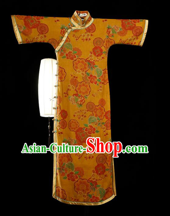 Republic of China Classical Printing Yellow Cheongsam Traditional Minguo Gambiered Guangdong Gauze Qipao Dress