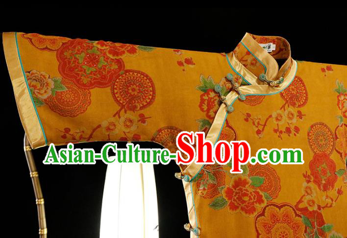 Republic of China Classical Printing Yellow Cheongsam Traditional Minguo Gambiered Guangdong Gauze Qipao Dress