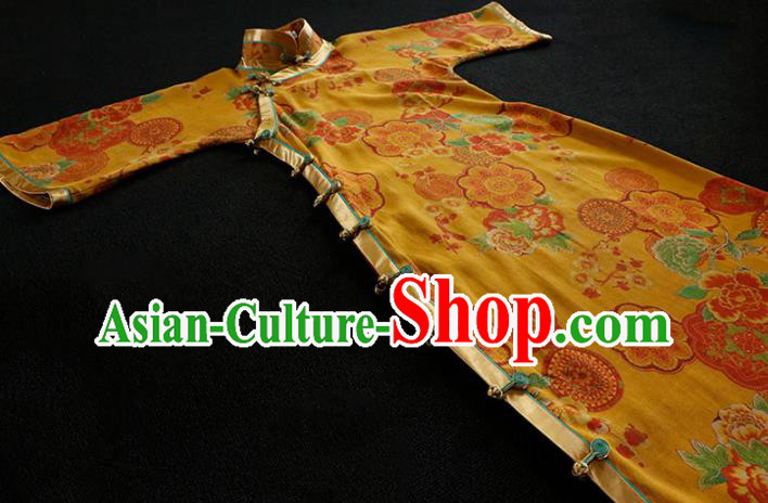 Republic of China Classical Printing Yellow Cheongsam Traditional Minguo Gambiered Guangdong Gauze Qipao Dress
