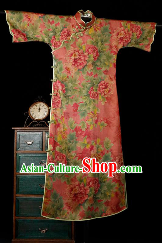 Republic of China Classical Gambiered Guangdong Gauze Cheongsam Traditional Minguo Printing Peony Red Qipao Dress