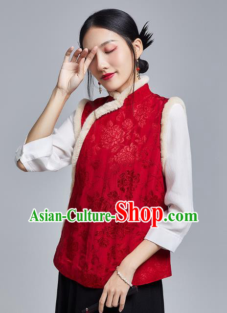 Chinese Traditional Tang Suit Upper Outer Garment National Red Brocade Cotton Wadded Vest