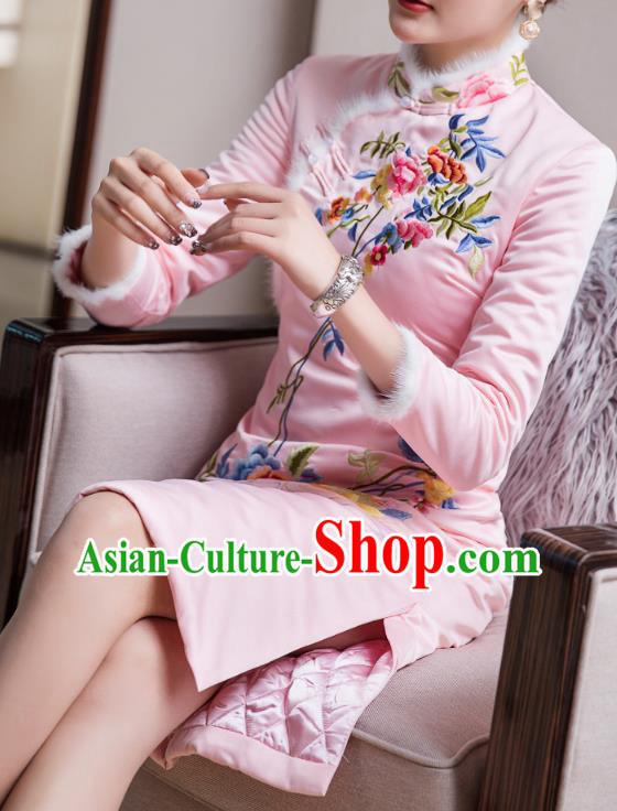 Chinese Tang Suit Cheongsam Bride Costume Traditional Wedding Embroidered Pink Qipao Dress