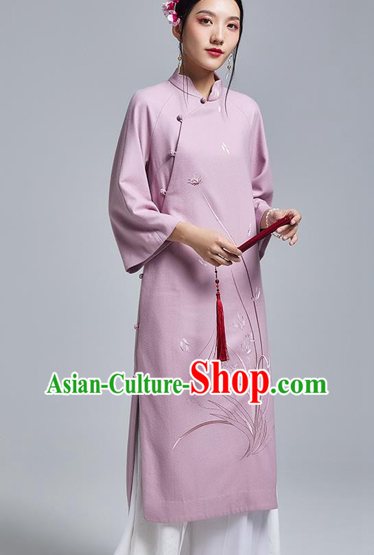 China Classical Lilac Woolen Cheongsam Costume Traditional Young Lady Embroidered Orchids Qipao Dress