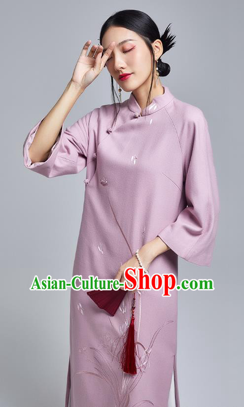 China Classical Lilac Woolen Cheongsam Costume Traditional Young Lady Embroidered Orchids Qipao Dress