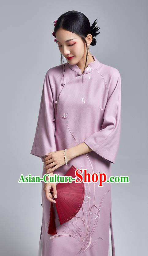 China Classical Lilac Woolen Cheongsam Costume Traditional Young Lady Embroidered Orchids Qipao Dress